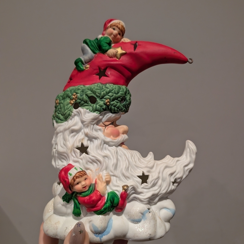 Festive Santa Moon Figurine with Elves